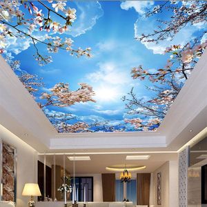 Wallpapers Custom Mural Wallpaper 3d Blue Sky Witte wolken kersen bloesem plafond Zenith woonkamer dineren zelfklevende fresco