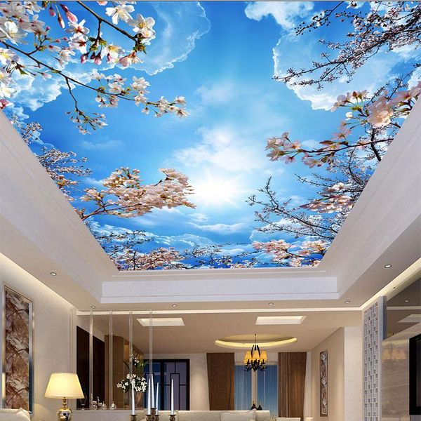 Fonds d'écran Papier peint mural personnalisé 3D Ciel bleu Nuages blancs Cerisier Plafond Zenith Salon Salle à manger Fresque auto-adhésive