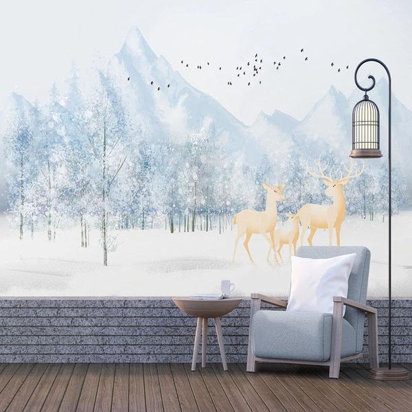 Fonds d'écran Personnalisé Papier Peint Mural 3D Creative Lumière De Luxe Peint À La Main Fantaisie Forêt Neige Elk Fond Mur Décor Salon