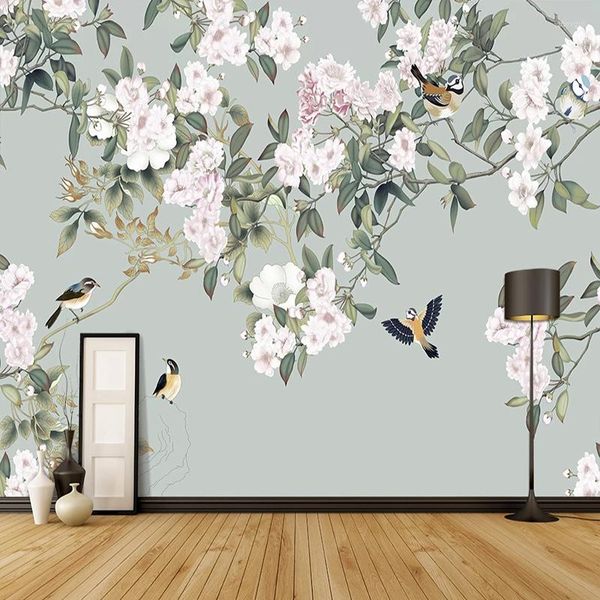 Fondos de pantalla Mural personalizado Papel tapiz 3D Flores y pájaros Pintura de pared Sala de estar Estudio Decoración para el hogar Autoadhesivo Papel PO impermeable