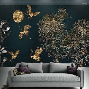 Wallpapers Custom Mural Wallpaper 3d modern licht luxe gouden lijnen bloemen vogels muur doek woonkamer slaapkamer huisdecor papieren peint