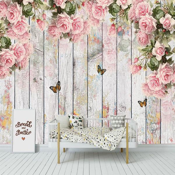 Fondos de pantalla Mural personalizado Papel tapiz 3D Flor rosa Pájaro Mariposa Tablero de madera Pintura de pared Sala de estar Dormitorio Romántico Decoración del hogar FrescoesW