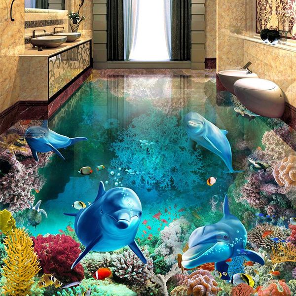 Fondos de pantalla Mural personalizado Papel tapiz 3D Sea World Dolphin Po Murales Dormitorio Baño PVC Autoadhesivo Papeles de pared impermeables Pegatina 3 D