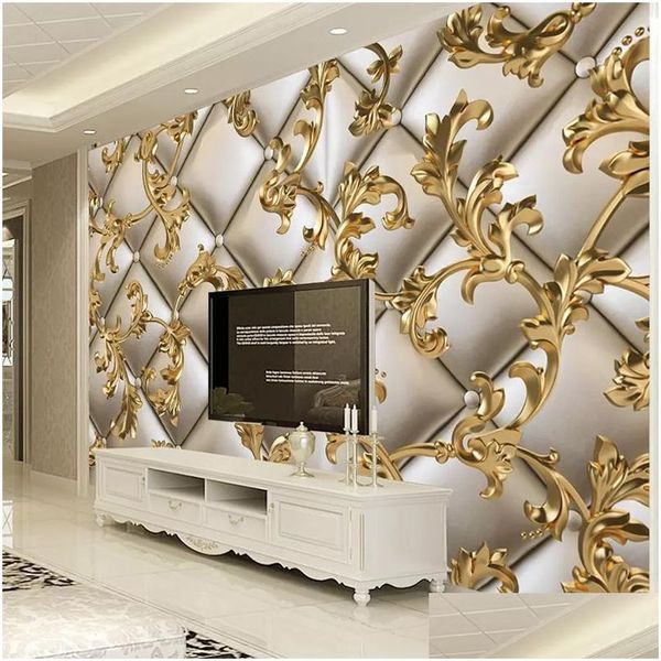 Fondos de pantalla Mural personalizado Papel tapiz 3D Paquete suave Patrón dorado Estilo europeo Sala de estar TV Fondo Papeles de pared Decoración para el hogar Flo Dhxon