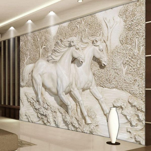 Tapeten Benutzerdefinierte Wandtapete 3D-Stereo-Relief Weißes Pferd Po Wandmalereien Klassisches Wohnzimmer TV-Hintergrund Wohnkultur GemäldeTapeten
