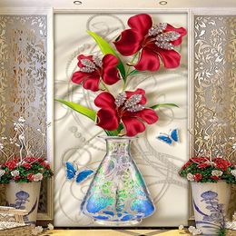 Fondos de pantalla Mural personalizado Papel tapiz 3D Estereoscópico Relieve Flor roja Florero de joyería Sala de estar Entrada Pasillo Po Papeles de pared Decoración para el hogar1