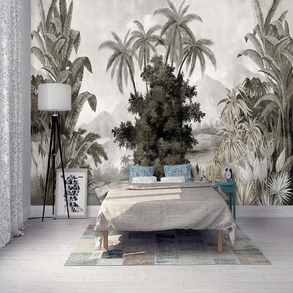 Fonds d'écran Papier peint mural personnalisé Style européen rétro peint à la main banane cocotiers feuilles fresque salon TV canapé chambre 3D