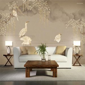 Fondos de pantalla Fondos de pantalla Mural Flowpaper de pantalla pintada a mano Flores y pájaros elegantes TV clásico Pintura de pared