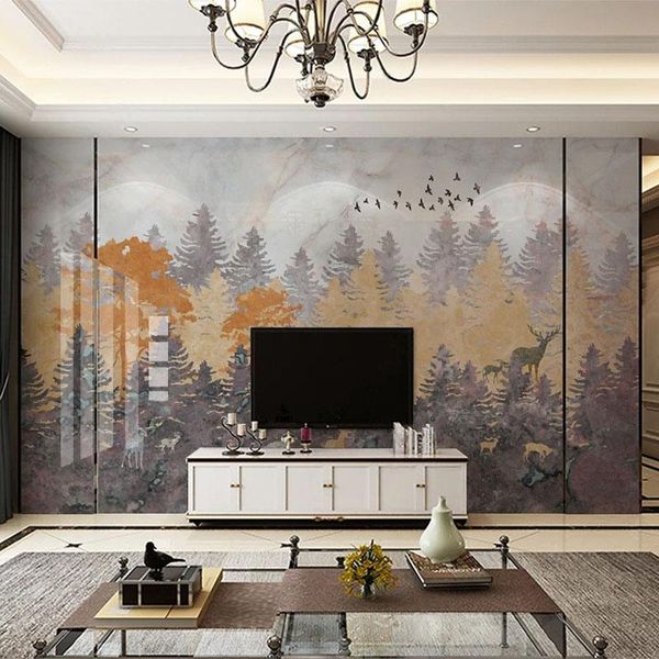 Fonds d'écran Papier peint mural personnalisé moderne 3D forêt oiseau marbre Po papier peint salon TV canapé chambre fond Papel De Parede