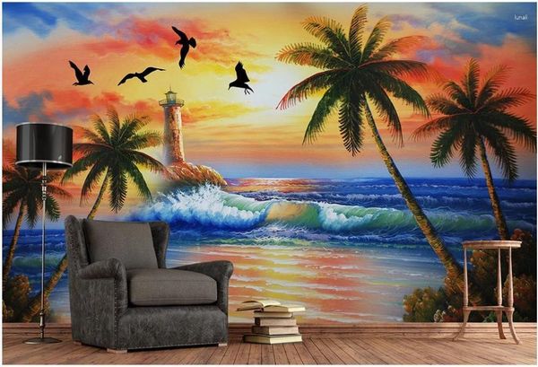 Fondos de pantalla Murales personalizados Fondo de pantalla para paredes 3 d Vintage Hands Drained Lighthouse Tree Mediterranean Se marino Muro de fondo mural