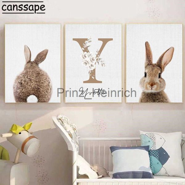 Fondos de pantalla Nombre personalizado Lienzo Cartel Conejito Carteles de pared Flores beige Imprimir imágenes Arte nórdico Pintura Cartel de la guardería Decoración de la habitación del bebé J230704