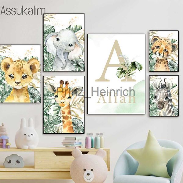 Fondos de pantalla Nombre personalizado Carteles de pared Elefante Jirafa Arte Pintura Animales de la selva Impresiones de arte Vivero Lienzo Imágenes Niños Habitación Decoración de pared J230704