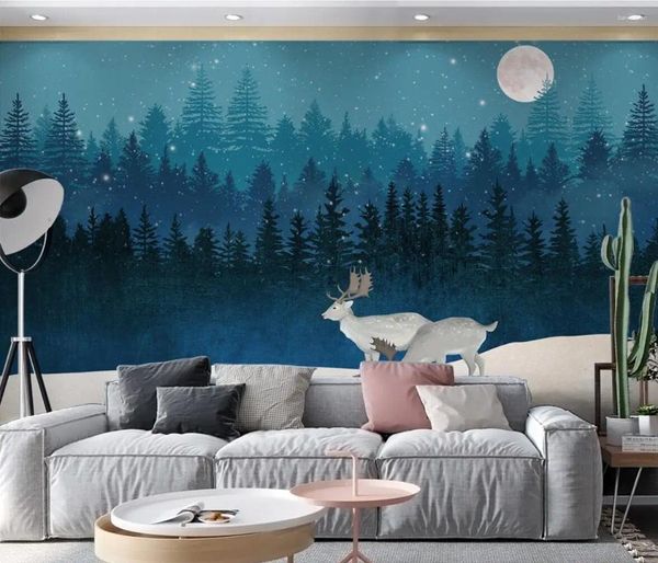 Fonds d'écran personnalisés nordique bleu forêt elk po wallpaper 3d peinture murale salon chambre télévision canapé décor de maison murale