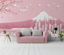 Fonds d'écran personnalisé Nordic Cartoon Japan Fuji Mountain Wallpaper For Children's's Room Pink Background TV Wall Decor Home Decor