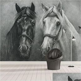 Fonds d'écran personnalisé P O Mural 3D Creative peint à la main noir et blanc cheval chambre étude salon décoration murale Painti Homefavor Dhmgy