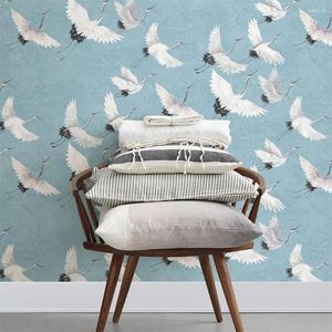 Wallpapers Custom Papel De Parede 3d Blauw Rood Kraanvogel Vogel Behang Voor Muurschildering Woonkamer Slaapkamer Art Home decor