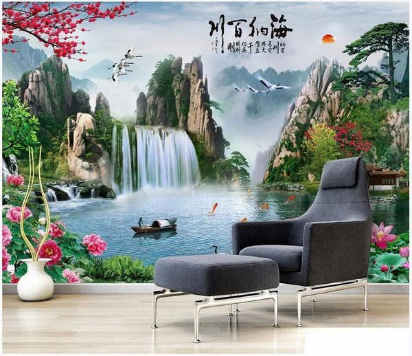 Papiers peints Papier peint photo personnalisé pour murs 3d mural style chinois idyllique cascade paysage paysage chambre TV fond mur paysage