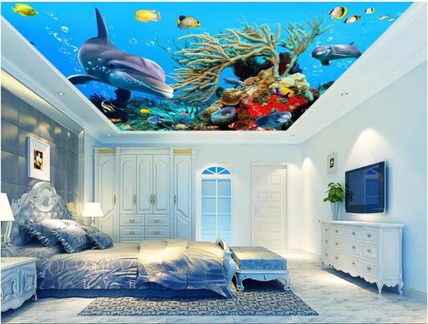 Fonds d'écran personnalisés PO 3d plafond peintures peintures de papier peint à la maison peinture de la mer du monde du monde des coraux dolphins pour le salon
