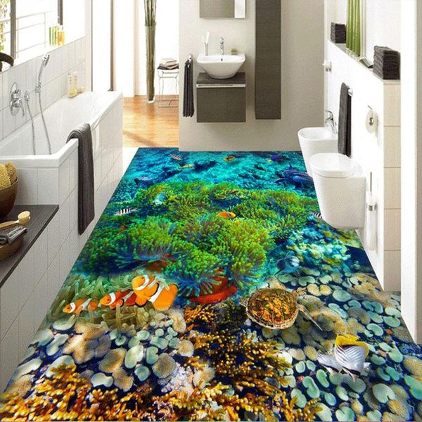 Papeles pintados personalizados Po 3D papel tapiz de suelo mundo submarino baño sala de estar dormitorio Mural PVC autoadhesivo impermeable
