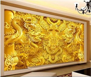 Papel tapiz personalizado Po 3d papel tapiz moderno chino dorado distinguido dragón decoración del hogar sala de estar murales de pared para paredes 3 D