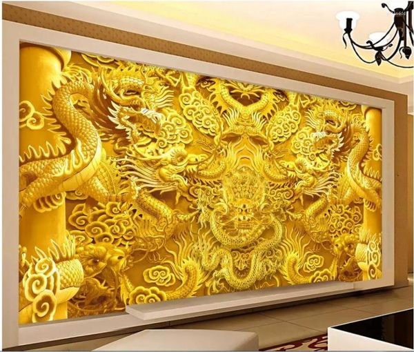 Sfondi Personalizzati Po 3d Carta da parati moderna Oro cinese Distinguished Dragon Home Decor Soggiorno Murales per pareti 3 D