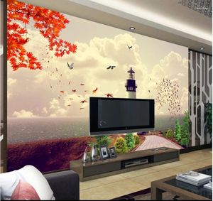 Fonds d'écran personnalisés Po 3D peintures murales papier peint pour murs Style méditerranéen phare de mer fond de télévision papiers peints décor à la maison