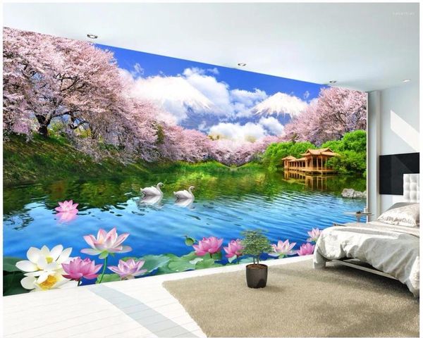 Fonds d'écran personnalisés Po 3D Chambre Papier peint Belle fleur de cerisier Lac TV Fond Murales murales pour murs 3 D