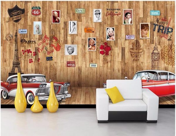 Papeles pintados personalizados Po 3d papel pintado estilo europeo pared granulada de madera Vintage coche sala de estar decoración del hogar murales