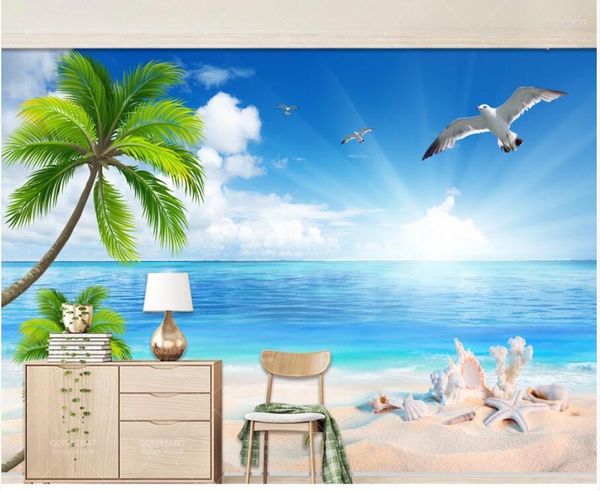 Fonds d'écran personnalisés Po 3D Fond d'écran Nature Paysage Bleu Ciel Nuages blancs Paysage marin Cocotier Peintures murales pour murs 3 D