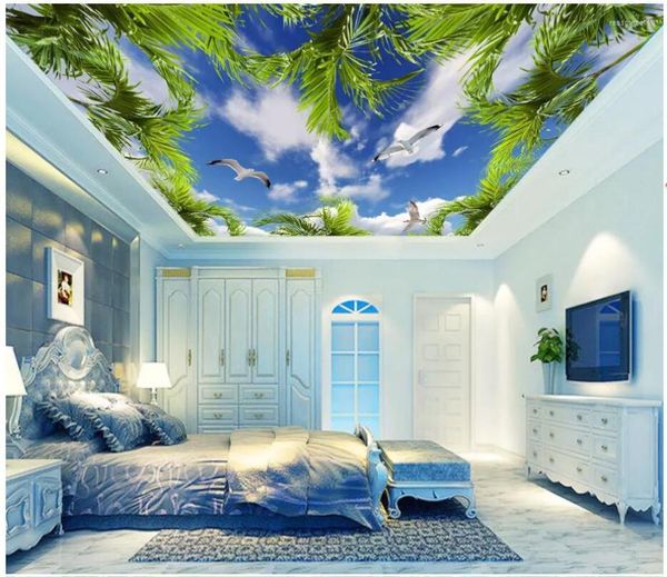 Fonds d'écran personnalisé Po fond 3d plafond peintures murales papier peint cocotier bleu ciel blanc mouette salon pour murs