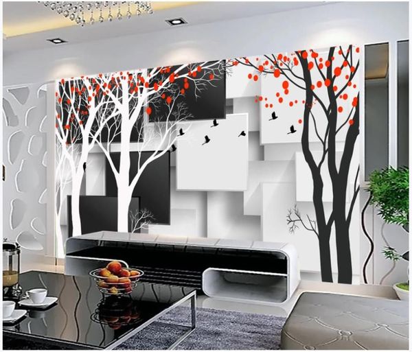 Fonds d'écran personnalisés Po pour murs 3 D Papier peint mural noir et blanc Creative Forest Bird 3D peint à la main TV fond mur