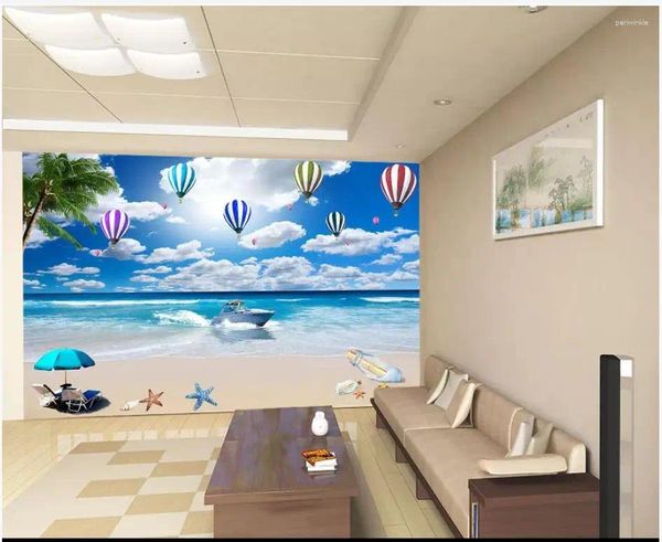 Fonds d'écran PO personnalisés pour murs 3 d peintures murales papier peint paysage paysage bleu ciel blanc nuages plage arbre mural