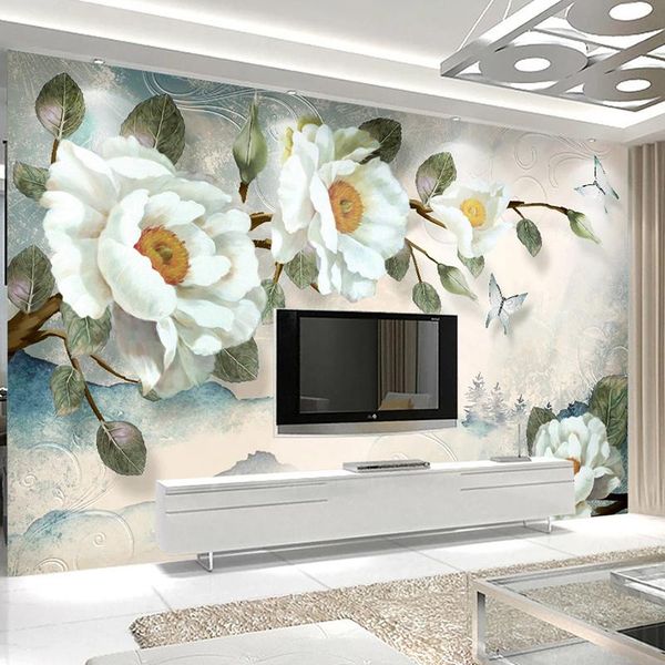 Fonds d'écran personnalisés Po moderne peint à la main peinture à l'huile florale style européen 3D fleur en relief salon TV fond décor papier peint