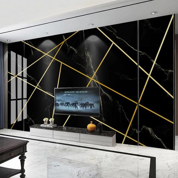 Fonds d'écran personnalisés PO murale 3D Golden Geométric Lignes de marbre noir salon TV Fond Home Decor Fondon peint peintures modernes