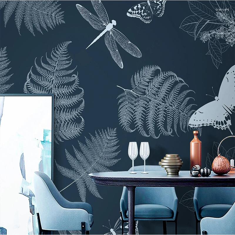 Custom Navy Blue 3D Relief leaf wallpaper with Retro Leaves and Butterfly Painted Mural for Living Room Sofa Background Wall Decor