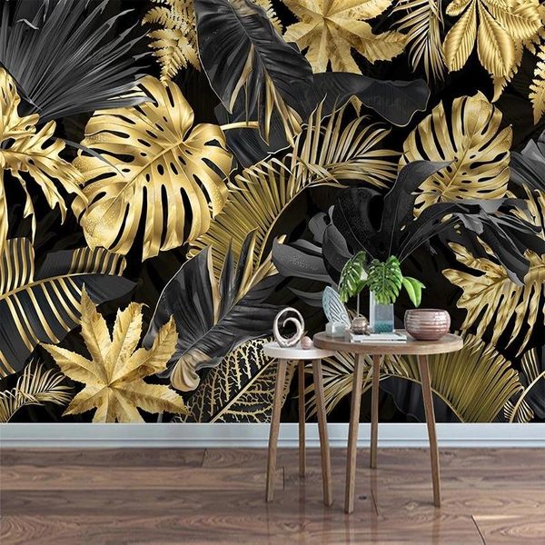 Fonds d'écran Personnalisé Po Mural Papier Peint Auto-Adhésif Moderne Minimaliste Abstrait Golden Banana Leaf Peinture Chambre Salon Décoration Murale
