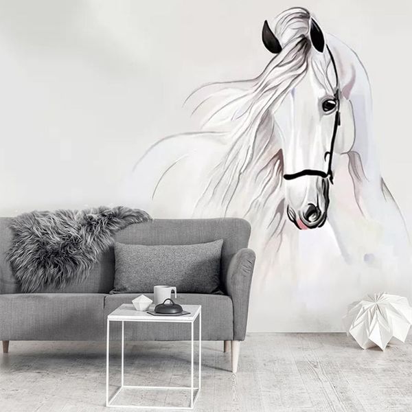 Fonds d'écran Personnalisé Po Papier Peint Mural Pour Les Murs De La Chambre 3D Peint À La Main Cheval Blanc Art Abstrait Peinture Murale Salon Décoration