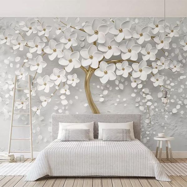Fondos de pantalla Personalizado Po Murale Papel tapiz 3D Murales de pared Árboles en relieve Estética moderna Mural blanco Sala de estar Sofá Dormitorio Decoración