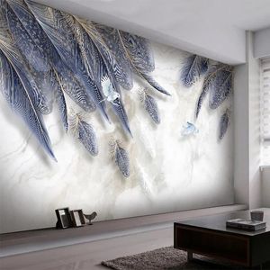 Fonds d'écran Personnalisé Po Papier Peint Auto-Adhésif 3D Bleu Plume Marbre Mural Salon TV Canapé Chambre Creative Art Décor Étanche