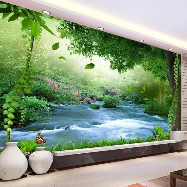 Fondos de pantalla Personalizado PO autoadhesivo Wallpaper 3D cascada bosque paisaje pintura de pared sala de estar sofá sofá fondo decoración mural