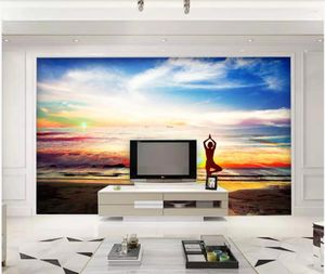 Fonds d'écran Personnalisé Po Papier Peint 3d Murale Belle Crépuscule Sunrise Bord De Mer Plage Yoga Art Fond Papier Peint