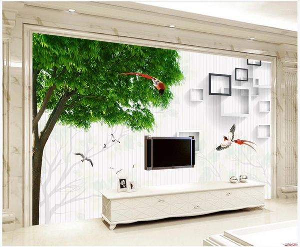 Papier peint personnalisé Po papier peint 3d Mural pour murs 3 D moderne idyllique arbres oiseaux vert TV fond décoration murale