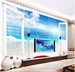 Fonds d'écran PO Custom PO Fond d'écran 3D Murales pour murs 3 D Seascape Mural Mediterranean Blue Sky White Clouds Paper de la mer