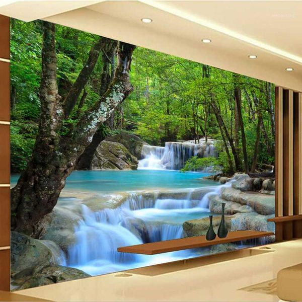 Fonds d'écran Personnalisé Po Papier Peint 3D Cascade Forêt Rivière Mur Décoratif Peinture Murale Pour Salon Chambre Covering1