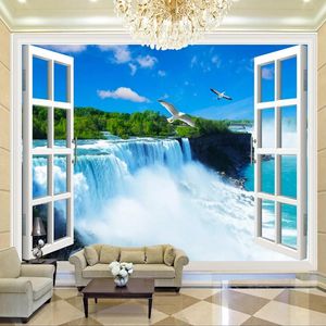 Fonds d'écran Personnalisé Po Papier Peint 3D Fenêtre Cascades Paysage Nature Peintures Murales Mur Tissu Salon Chambre Toile De Fond Papel De Parede