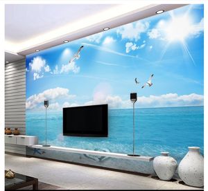 Fonds d'écran Personnalisé Po Fond d'écran pour murs 3 D Méditerranée Murale Bleu Ciel Blanc Nuages Romantique Plage Vue sur la mer 3D TV Fond Mur