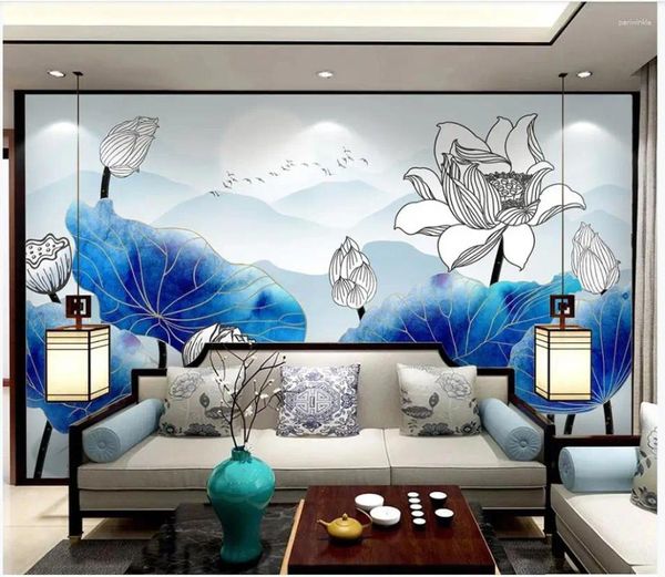 Fonds d'écran PO Custom PO Wallpaper pour murs 3 d peintures murales chinoises Blue Ink Line Drawing Lotus Flower Bird Style Landscape Mural