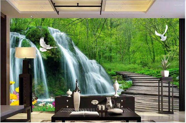 Fonds d'écran PO personnalisé PO Fond d'écran pour murs 3 d peintures murales idylliques Forest Waterfall Bridge en bois 3d TV Back