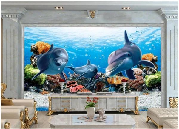 Fonds d'écran PO personnalisé PO Fond d'écran pour murs 3 D Méditerranéen Paysage mural sous-marin Dolphin TV