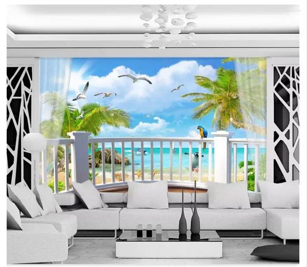 Fonds d'écran PO personnalisé PO Wallpaper pour murs 3 D Seaside Landscape Mural Tree Blue Sky White Clouds Méditerranéen Balcon Mur